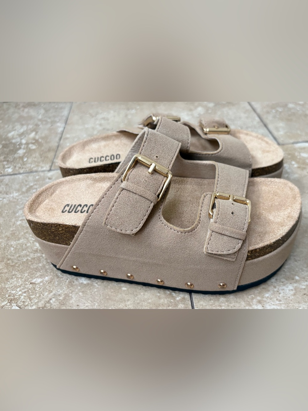 New size 6 Suede Double-Buckle Slide Sandal in Taupe
